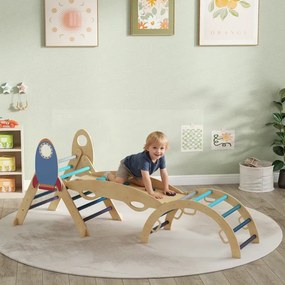 Triângulo de Escalada Montessori 7 em 1 Estrutura de Escalada de Madeira Tema de Foguete Azul