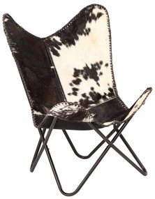 246390 vidaXL Cadeira borboleta em couro de cabra genuíno preto e branco