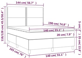 Cama box spring c/ colchão/LED 140x190cm couro artificial cinza