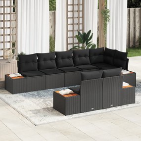 vidaXL Conjunto de Sofá de Jardim com 8 Peças e Almofadas - Vime Poliéster Preto e Acácia
