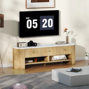 Móvel de TV 140 x 40 x 43 cm, móvel para televisor de 65 polegadas com efeito de mármore, 3 gavetas com frentes caneladas com efeito de madeira natura
