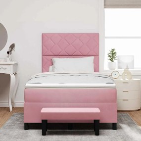 Cama Box Spring com Colchão e Banco em Veludo Rosa 120x190 cm