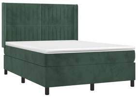 Cama box spring c/ colchão/LED 140x190 cm veludo verde-escuro