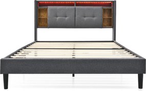 Cama de casal estofada com cabeceira com arrumação, Cinzento | AOSOM Portugal