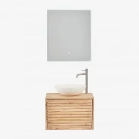 Conjunto De Móveis De Banheiro De Madeira Suspensos Deleyna Madeira Natural & Cimento Redondo Branco Ø40 Cm Zavion & Led - Sklum