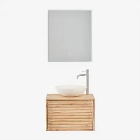 Conjunto De Móvel De Casa De Banho Suspenso 60x45 Cm Em Madeira Deleyna Madeira Natural & Cimento Redondo Branco Ø40 Cm Zavion & Led - Sklum