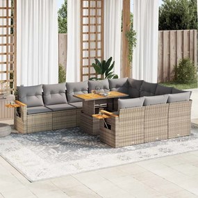 11 pcs conjunto sofás jardim c/ almofadões vime PE/acácia bege