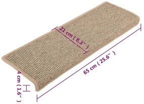 Tapetes de escada autoadesivos 15 pcs 65x21x4 cm bege-escuro