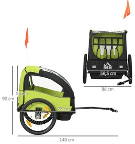 Reboque de Bicicleta para Crianças de 2 Lugares com Cinto de Segurança e Sistema de Amortecimento 140x88x90 cm Verde