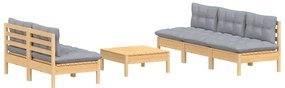 6 pcs conjunto lounge de jardim c/ almofadões cinzentos pinho