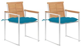 vidaXL Cadeiras de jardim com almofadões 2 pcs teca maciça e aço