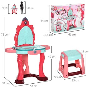 AIYAPLAY Toucador Infantil para Crianças acima de 3 Anos com Banco Espelho Luz Música e Secador Inclui 18 Acessórios Toucador de Maquilhagem 57x34x76c