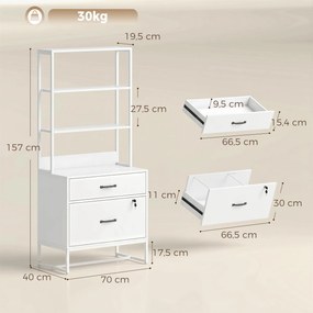 Arquivador com Prateleiras Móvel de Escritório com Prateleiras Gaveta para Arquivos A4 e Carta e Suporte para Impressora 70x40x157 cm Branco