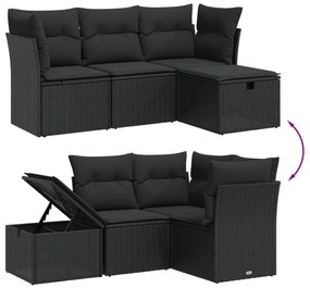 4 pcs conjunto de sofás para jardim c/ almofadões vime PE preto