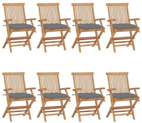 Cadeiras de jardim c/ almofadões cinzentos 8 pcs teca maciça