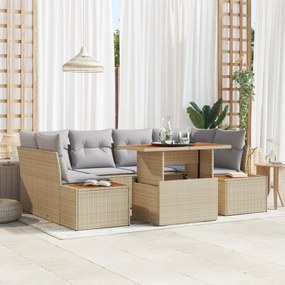 vidaXL Conjunto de Jantar de Jardim de 7 Peças com Almofadas Bege Polirattan Acácia