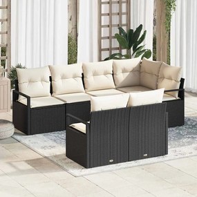 Conjunto de Sofá Jardim vidaXL de 7 Peças com Almofadas Preto Rattan Poliéster