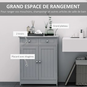 Móvel de casa de banho 60 x 30 x 75 cm com pés com 2 portas e 2 gavetas, cinzento