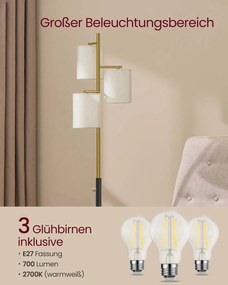 Candeeiro de pé com três lâmpadas e luminosidade ajustável 29 x 29 x 173 cm dourado-preto