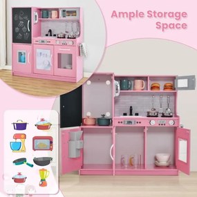 Cozinha de brincar para crianças 82 x 24 x 80 cm com quadro negro, telefone e sons simulados, vários acessórios de madeira, para idades entre 3 e 6 an