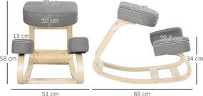 Cadeira Ergonómica para Joelhos com Almofadas e Estrutura em Madeira, Cinzento