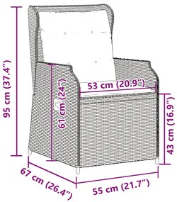 Cadeiras jardim reclináveis 2pcs c/ almofadões vime cinza claro