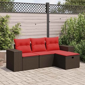 4 pcs conjunto sofás de jardim c/ almofadões vime PE castanho