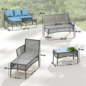 Conjunto de Jardim Exterior de Vime com Sofá de 2 Lugares, Chaise Longue e Mesa de Centro com Vidro Temperado Azul Claro
