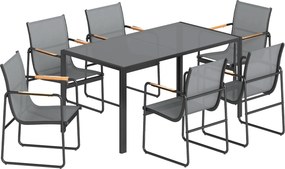 Outsunny Conjunto de Mesa e Cadeiras de Jardim de 7 Peças com Mesa de Vidro Temperado 6 Cadeiras e Estrutura em Aço Cinza | Aosom Portugal