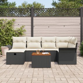 Conjunto de sofá de 7 peças com almofadas em polyrattan preto