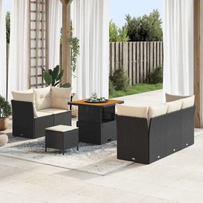 vidaXL Conjunto de Sofás de Jardim de 8 Peças com Almofadas de Rattan Preto e Acácia