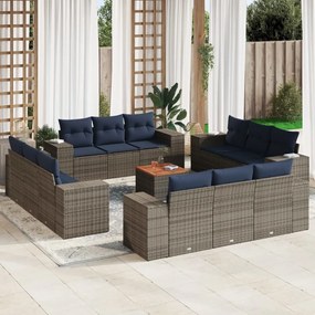 vidaXL 13 pcs conjunto sofás p/ jardim c/ almofadões vime PE cinzento
