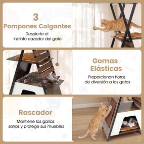 Arranhador para gatos de 185 cm, com vários níveis, 4 plataformas, almofadas, caverna, tapete para arranhar, elásticos e bolas suspensas, em Castanho