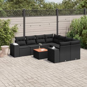 9 pcs conjunto de sofás p/ jardim c/ almofadões vime PE preto
