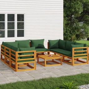 vidaXL 9 pcs conj. lounge jardim madeira c/almofadões verdes
