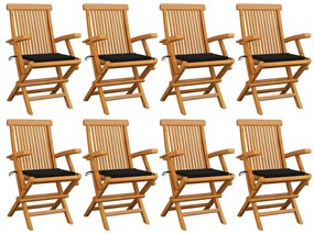 vidaXL Cadeiras de jardim c/ almofadões pretos 8 pcs teca maciça