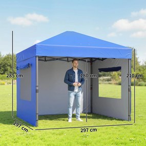 Tenda Dobrável 3x3 m Pop-up com 3 Paredes Laterais 2 Janelas em Malha UPF50+ Altura Ajustável 3 Níveis Azul
