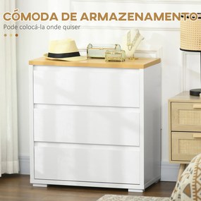 Cómoda Moderna com 3 Gavetas de Madeira 70x37x75 cm para Dormitório Carga Máxima 40 kg Branco e Madeira