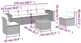 7 pcs conjunto sofás p/ jardim c/ almofadões vime PE cinzento