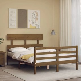 Estrutura de cama dupla pequena 4FT madeira maciça castanho-mel