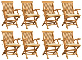 Cadeiras de jardim c/ almofadões cor creme 8 pcs teca maciça