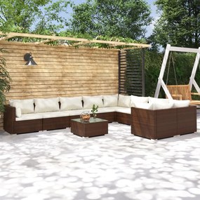vidaXL 10 pcs conjunto lounge jardim c/ almofadões vime PE castanho