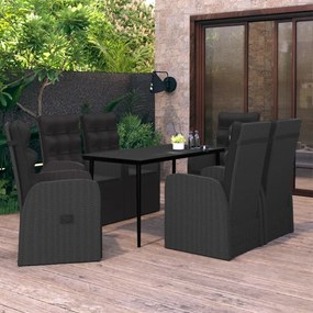 7 pcs conjunto de jantar para jardim com almofadões preto