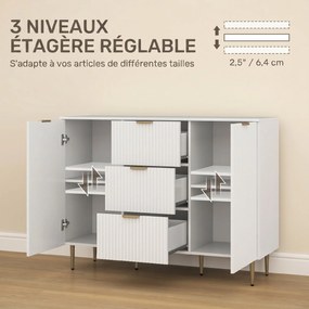 Aparador de Cozinha, 120 x 40 x 89,5 cm, 3 Gavetas e Prateleiras Ajustáveis, Branco