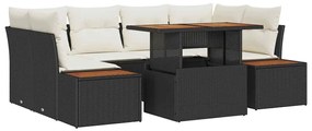 Conjunto de Jantar de Jardim 7 Peças com Almofadas de Rattan Preto e A