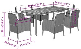 7 pcs conjunto de jantar p/ jardim c/ almofadões vime PE preto