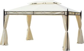 Outsunny Pérgola de Jardim 4x3 m com Telhado Duplo 4 Cortinas Estrutura de Aço 8 Orifícios de Drenagem Anti-UV Creme | Aosom Portugal