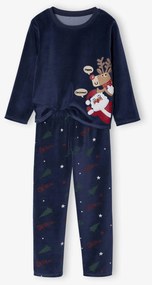 Pijama em veludo de Natal com camisola estampada e calças às riscas, para menino marinho
