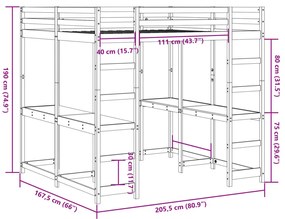 Cama alta c/ secretária e escada 160x200 cm pinho maciço branco