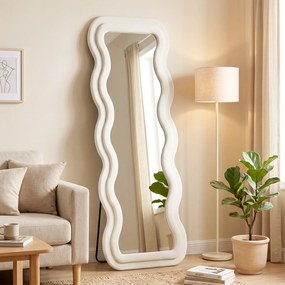 Espelho de Corpo Inteiro 160x60 cm com Moldura Ondulada Aveludada, de Pé, Apoiado e de Parede, Creme